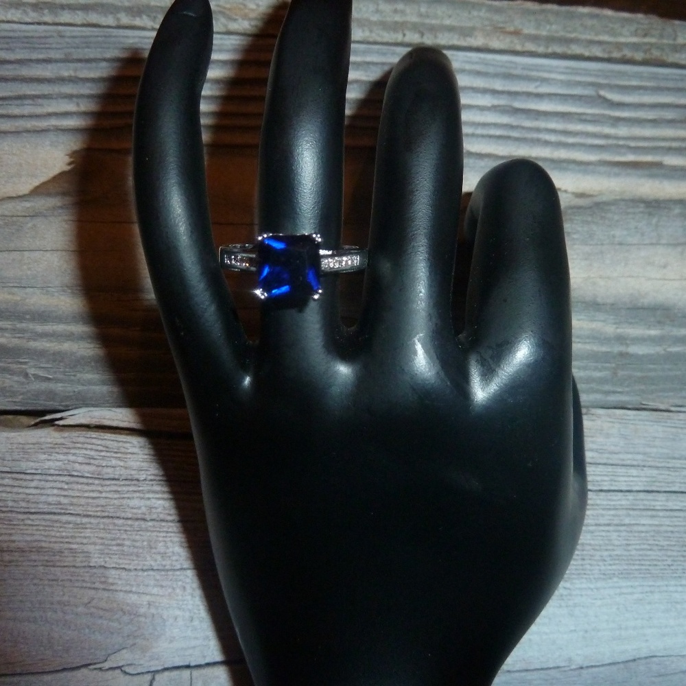 Sapphire Stone Ring 925 Princess Cut Silver 18KGF